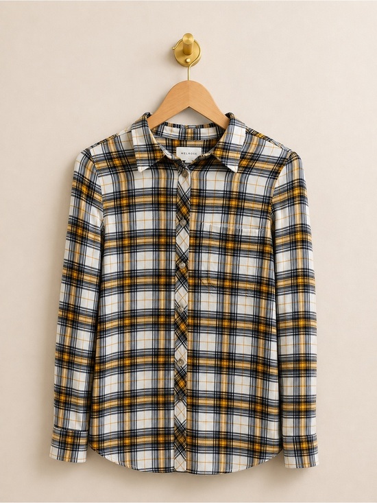 MELLODAY Tops - Melloday Plaid Flannel Button-Up Shirt Size Small Mustard Black White